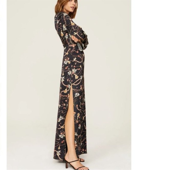 Fame and Partners Black Floral Maxi Gown Bell Sleeves, Queen Ann style neckline - Picture 2 of 13